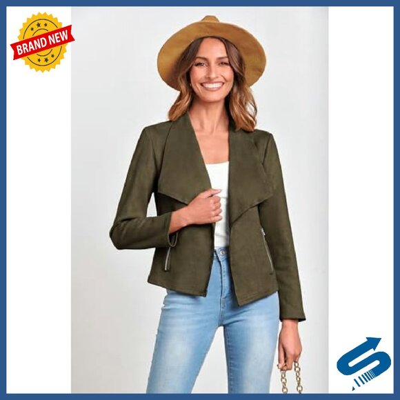 Faux Suede Cropped Jacket Open Front Waterfall Collar Women's Casual Coat - Picture 5 of 8